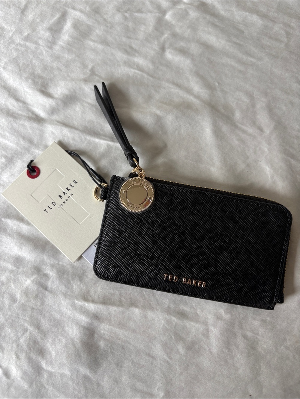 NWT Ted Baker Black Saffiano Leather Zip Card Wallet with Gold Charm